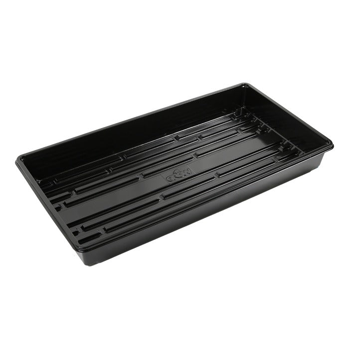 Black plastic 10x20 inch propagation tray with no drain holes, featuring ribbed interior.