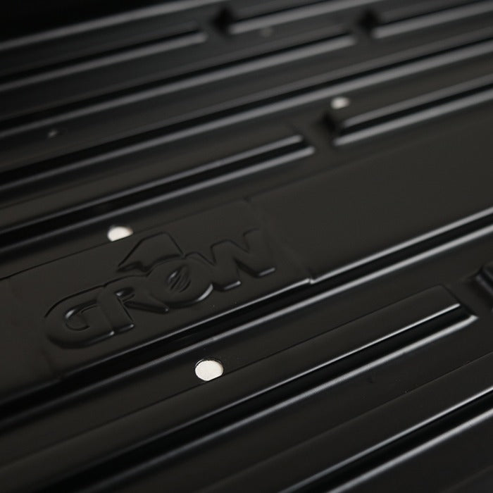 Black propagation tray with embossed "Grow" logo and drainage holes.