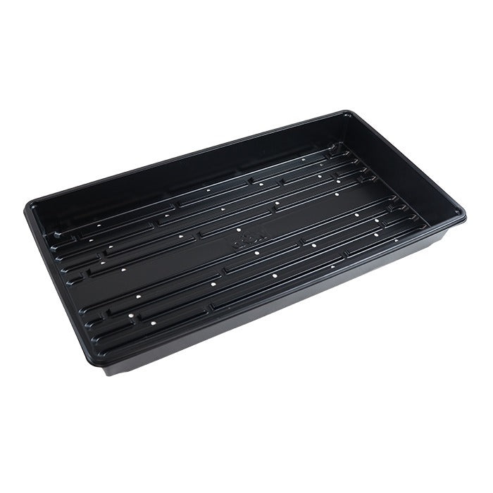 Black 10x20 inch propagation tray with drainage holes and raised ridges.