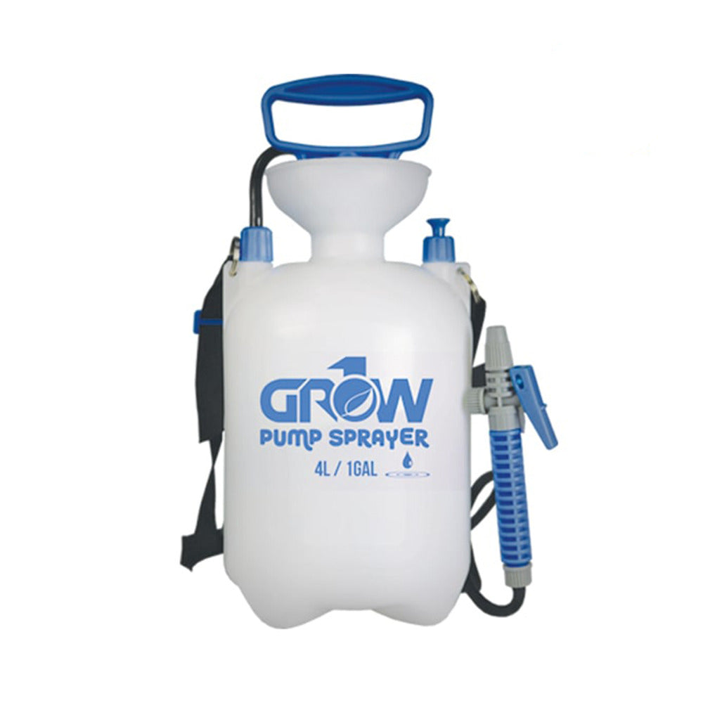 Grow pump sprayer, 4 liters / 1 gallon, with blue handle and spray wand.
