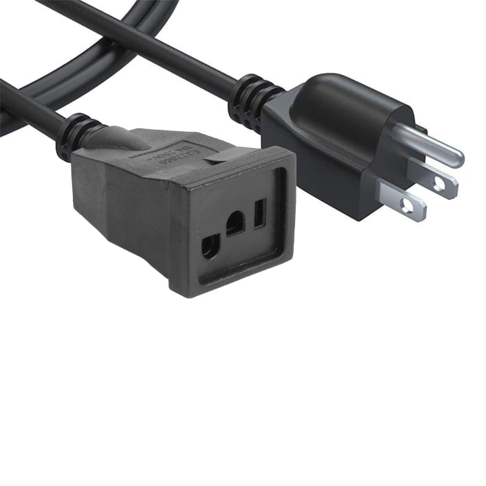 Black AC power cord with a three-prong male plug and a female IEC C13 connector.