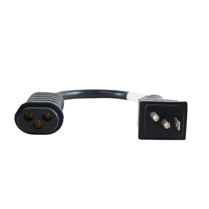 Black power adapter cord with a C13 connector on one end and a three-pin female plug on the other.