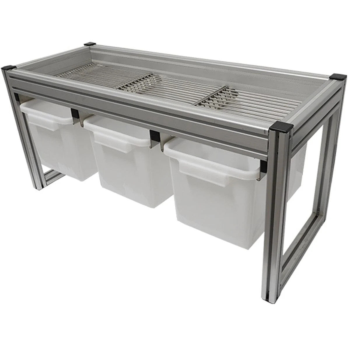 Grow1 small harvest sorting system: aluminum frame, gridded top, three white hanging bins.