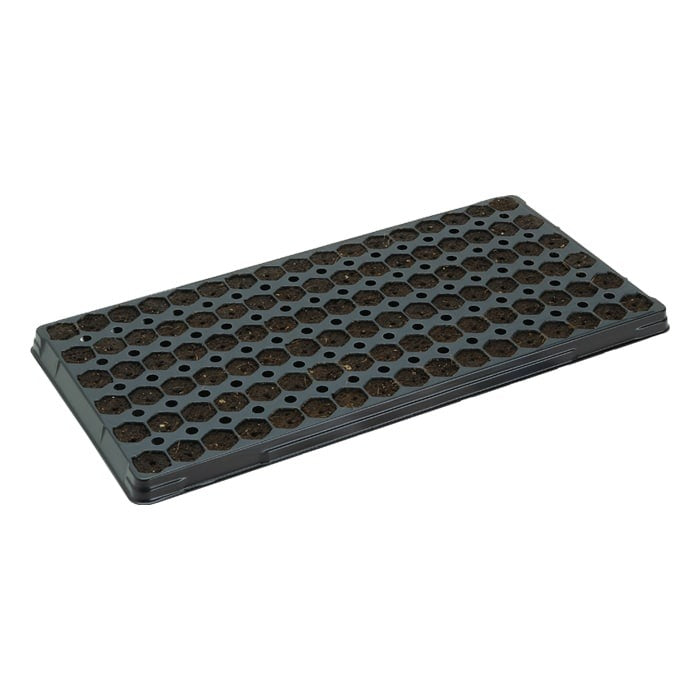 Dark gray 102-cell seed starting tray filled with soil and ready for planting.