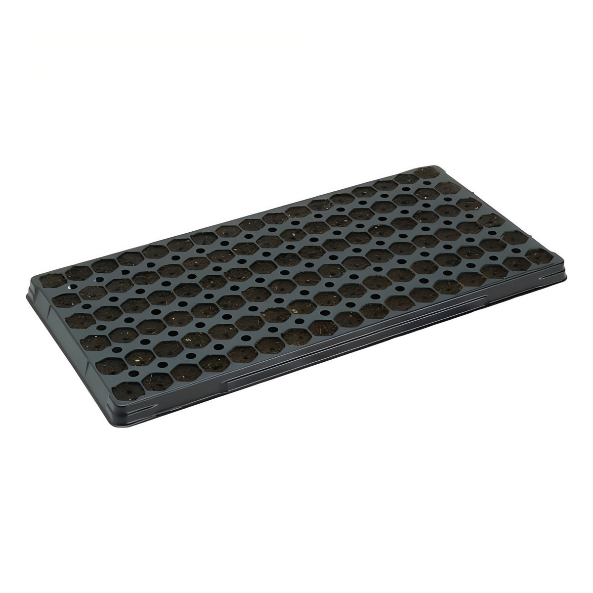 Dark gray 102-cell seed starting tray filled with soil and ready for planting.