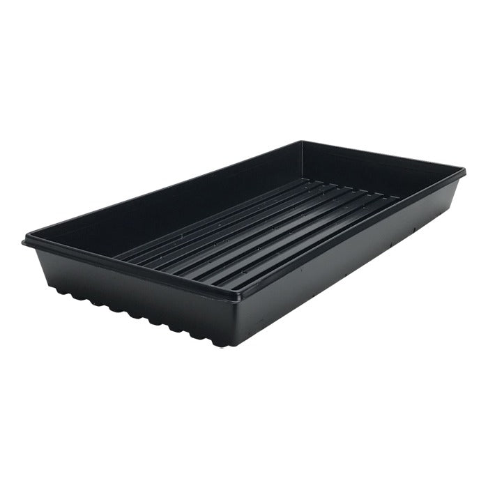 Black 10x20 inch propagation tray with drainage grooves and ridges for seedlings.