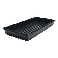 Black 10x20 inch propagation tray with drainage grooves and ridges for seedlings.