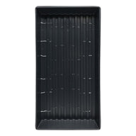 A black standard 10x20 inch propagation tray with drainage holes for growing plants.