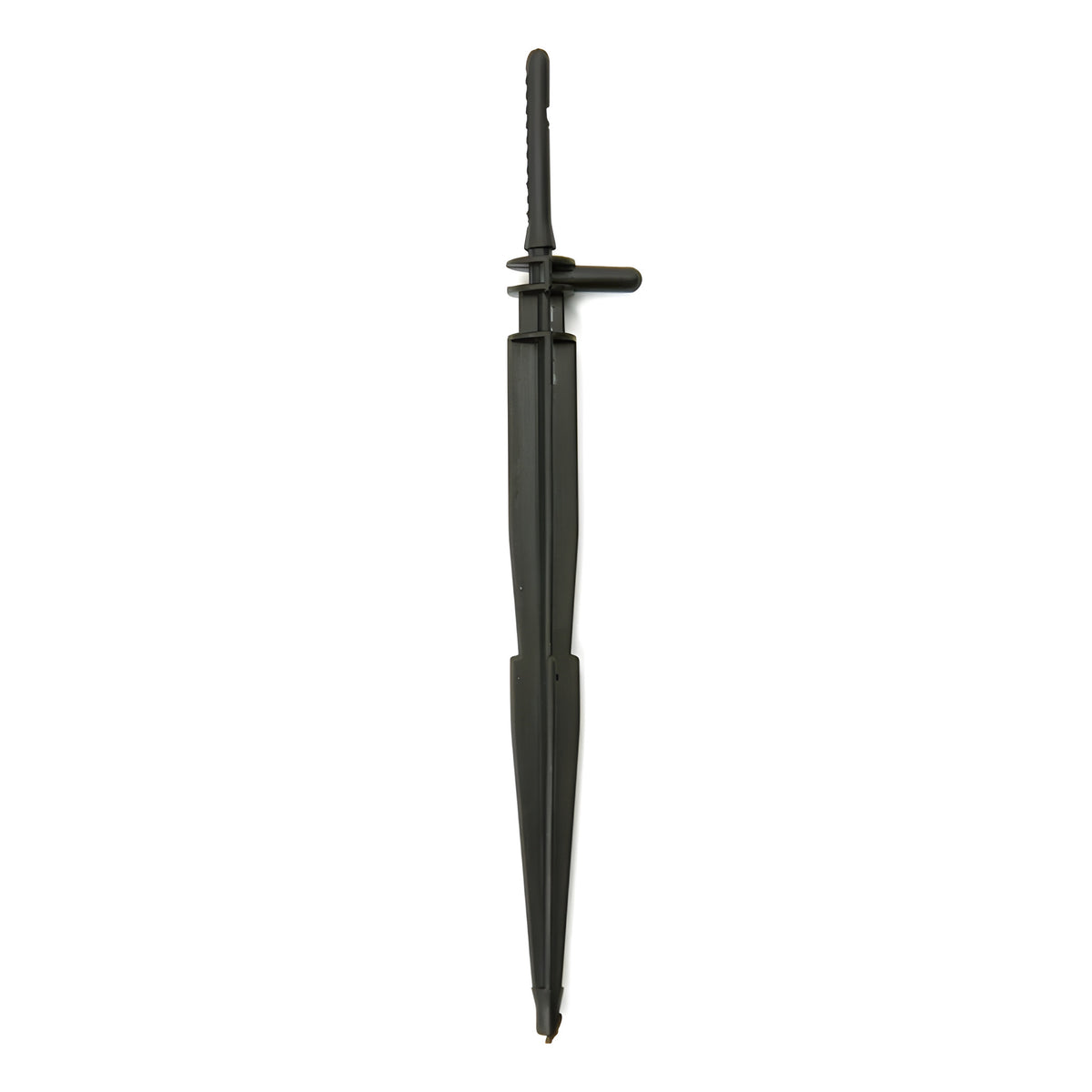 Black 4-inch plastic drip irrigation stake with a pointed end and a horizontal clip.