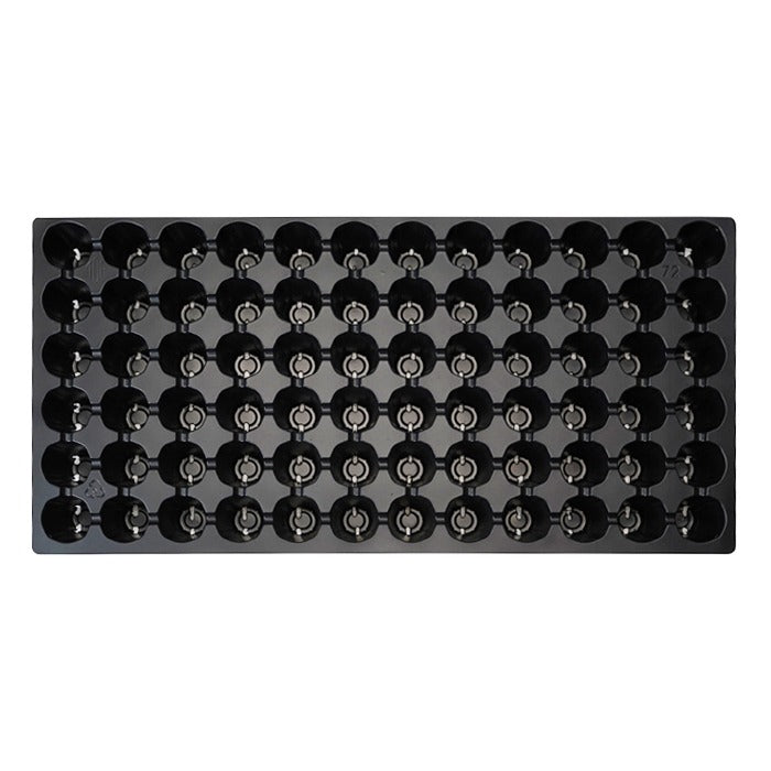 Black 72-cell seedling tray with round cells, each with a circular cutout, shown from a top-down view.