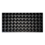 Black 72-cell seedling tray with round cells, each with a circular cutout, shown from a top-down view.