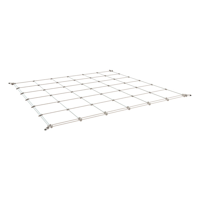 A 3x3 foot trellis netting made of crisscrossed cords, forming a grid of squares, against a white background.
