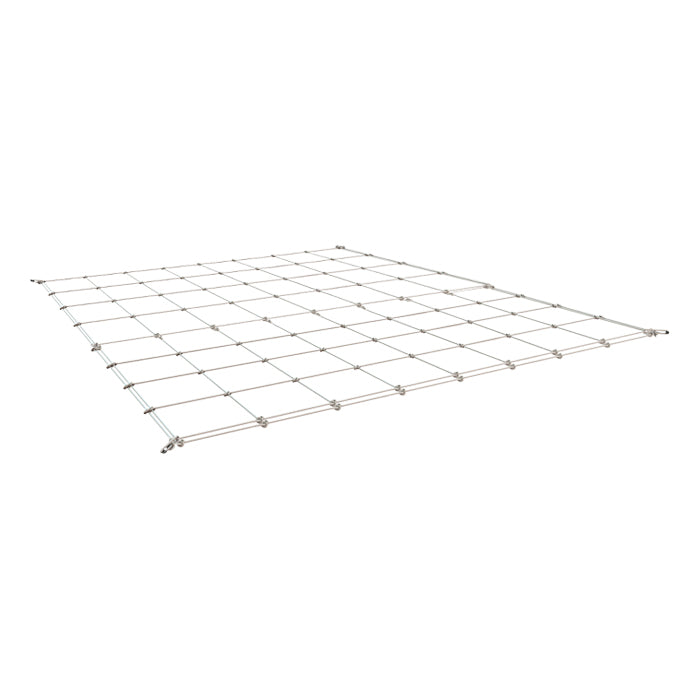 4x4ft white trellis netting with a grid of thin wires and small connectors, used for plant support.