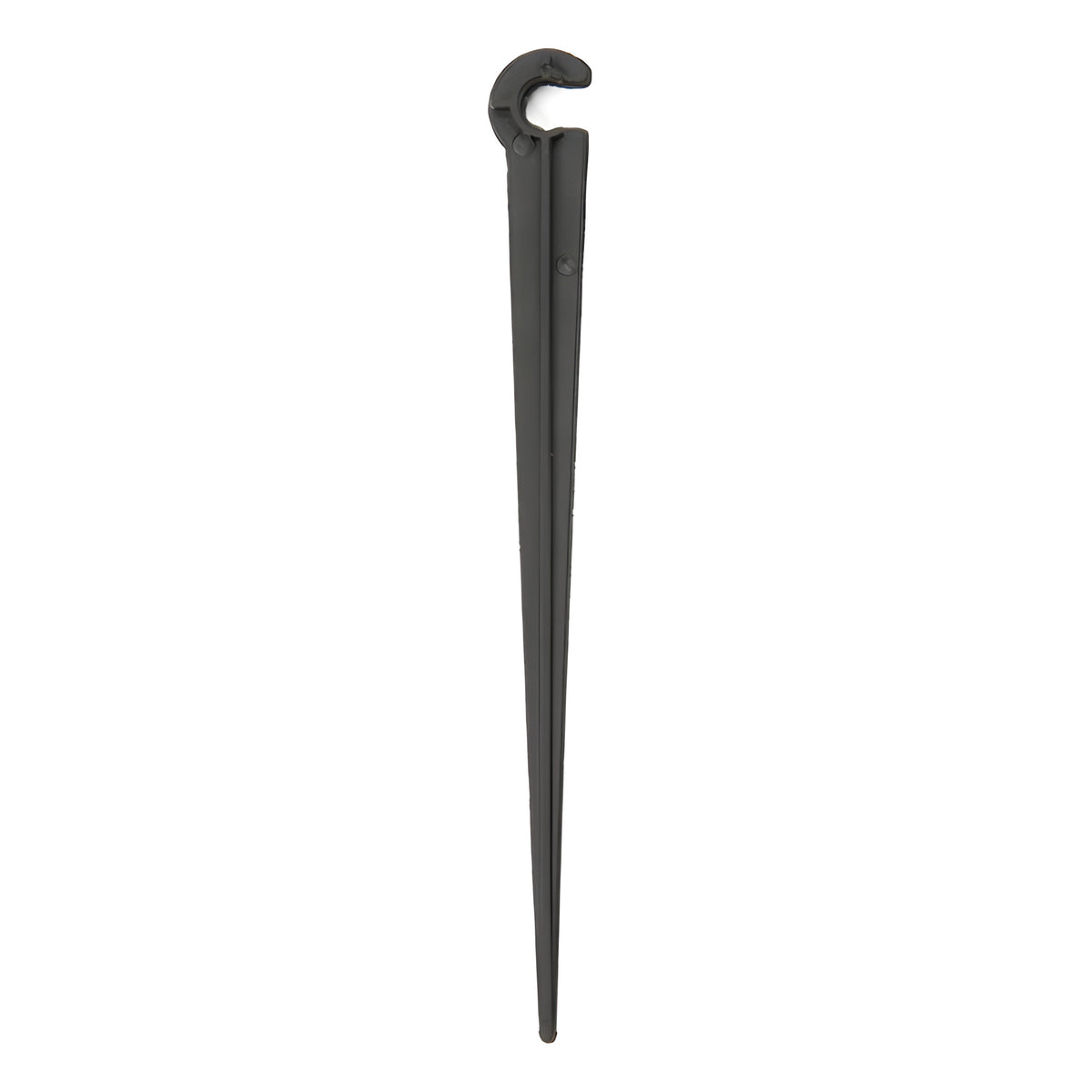 Black plastic 4-inch tubing support stake with a pointed end and a hook at the top.