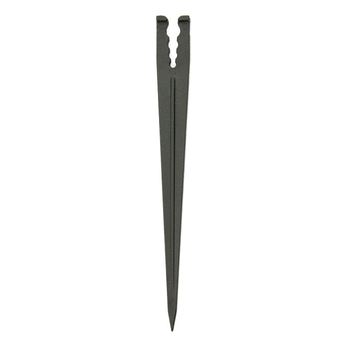 A dark grey, pointed garden stake with a split, notched top.