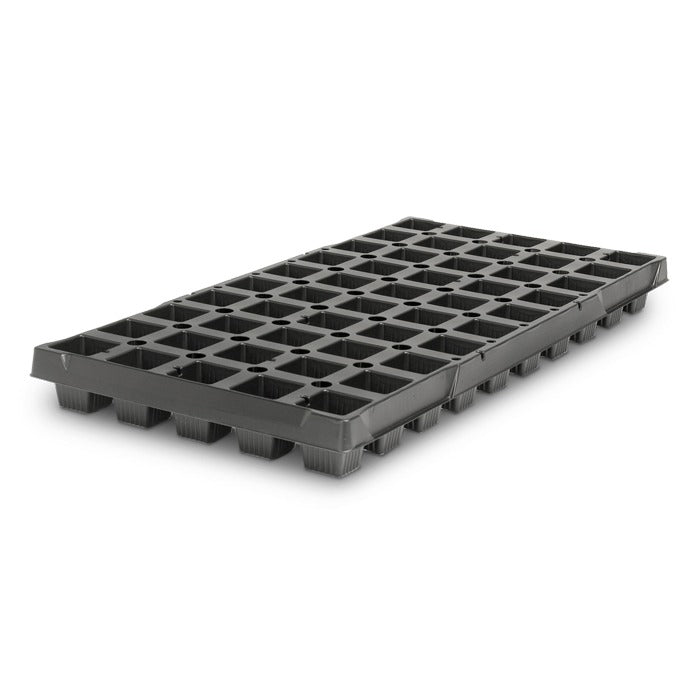 Black plastic seedling tray with 50 cells, 10x20 inches, ideal for starting seeds.