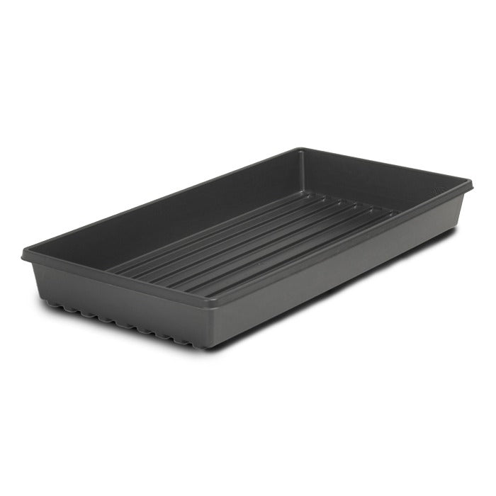 A dark gray, ribbed, 10x20 inch propagation tray without drainage holes.