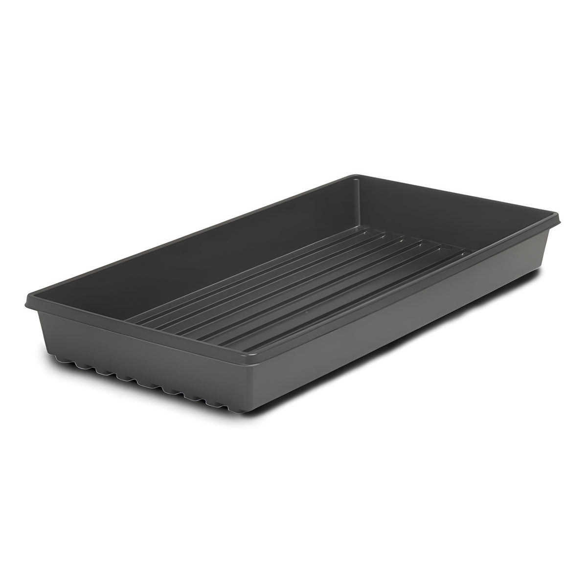 Dark grey plastic propagation tray with drainage ridges, 10x20 inches.