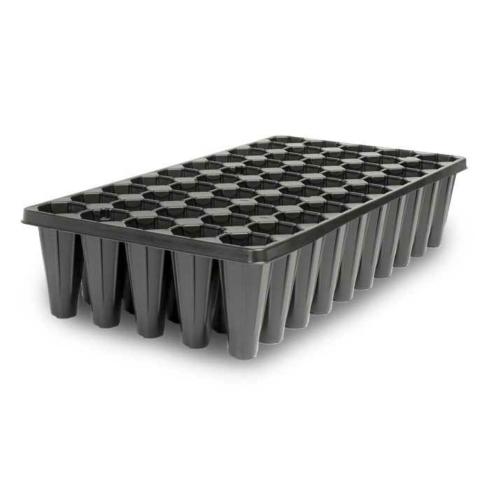 Black seedling tray with 50 deep cells, 10x20 inches.