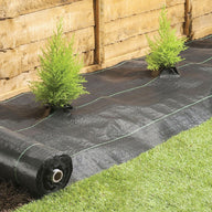 Black weed barrier fabric with green stripes, unrolled with two small evergreen plants planted on it, next to a wooden fence.