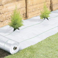 White landscape fabric roll with green stripes, used to suppress weeds around plants and garden borders.