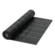 Black landscape fabric on a roll with green guide lines, for gardening and weed control.