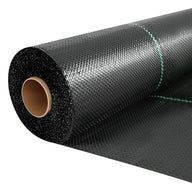 Black weed barrier fabric on a roll, showing woven texture and green guide lines.