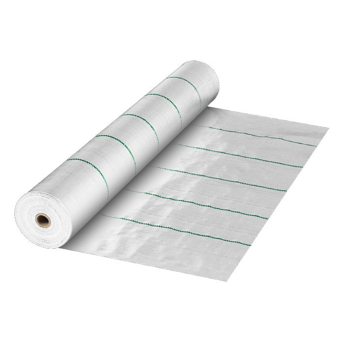 White landscape fabric roll with green horizontal stripes on a white background.