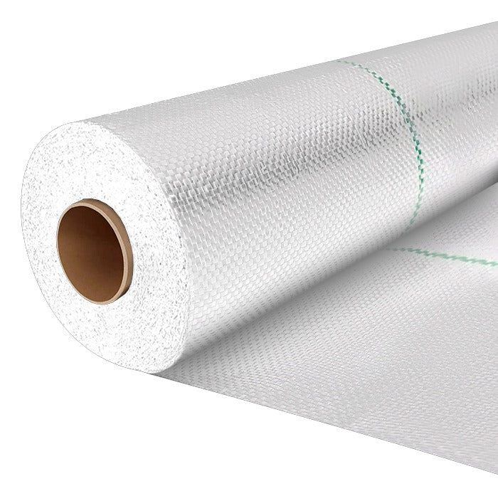Roll of white landscape fabric with green grid lines, suitable for weed control.