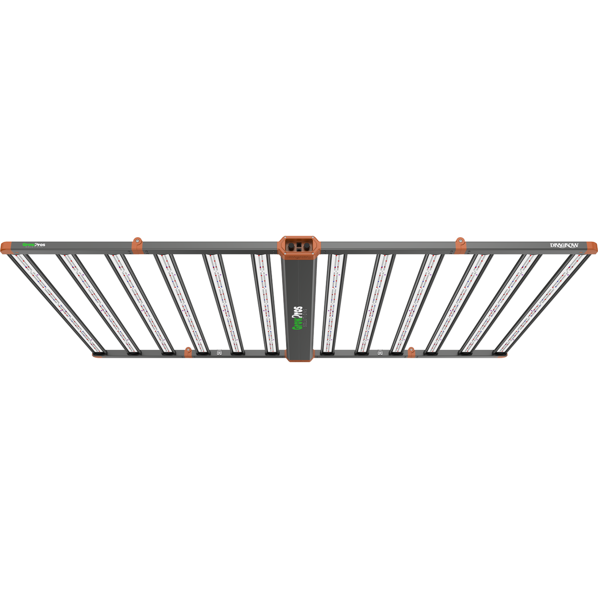 GrowPros DRAGROW LED grow light with multiple bars, visible white and red LEDs, orange accents, and grey frame.
