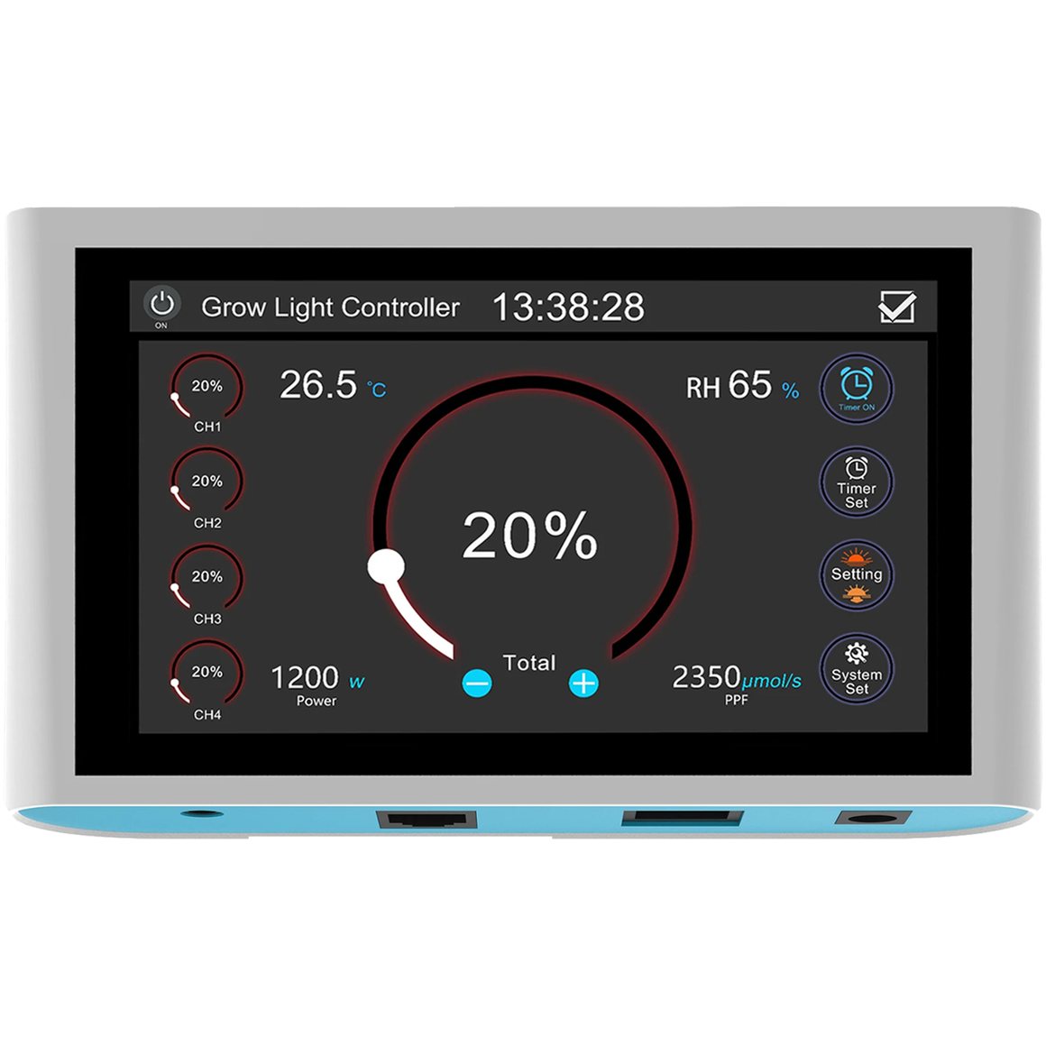 Digital grow light controller display with 26.5°C, 65% RH, 1200W, 2350 µmol/s PPF, and 20% output.
