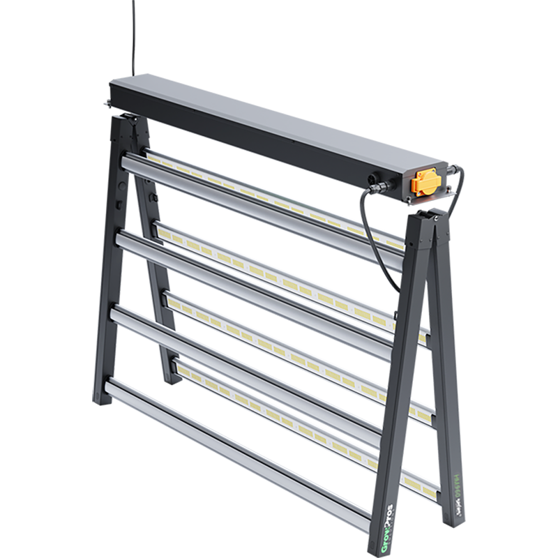 GrowPros Solutions HM960 Series folding LED grow light with 6 bright bars and a central grey driver housing.