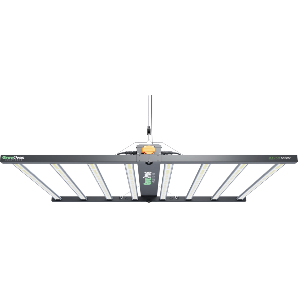 GrowPros Solutions HM960 series LED grow light with 8 bars, gray frame, and white LEDs, hanging against a white background.