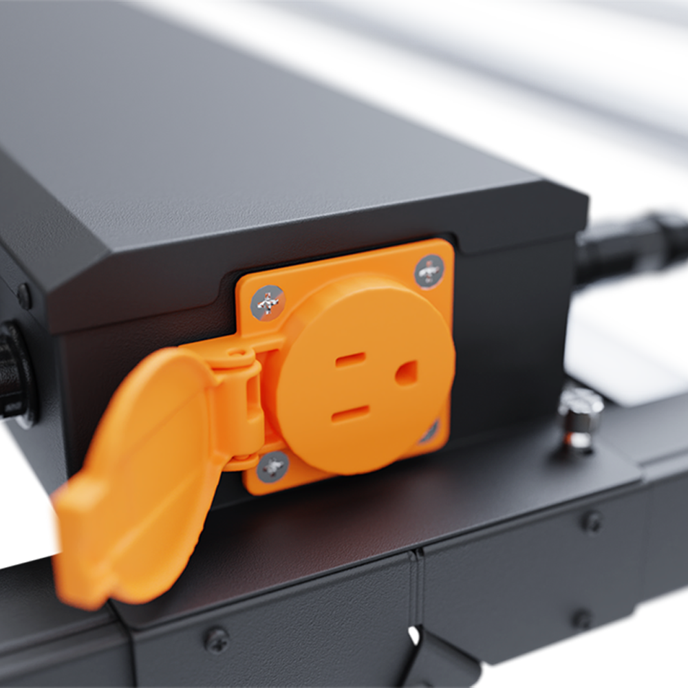 Black GrowProsSolutions HM960 power supply with orange NEMA 5-15R electrical outlet and protective flip cover.