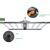 GrowPros Solutions HM960 LED grow light, 4x6 area, with dimmer control and 120-277V AC output outlet.