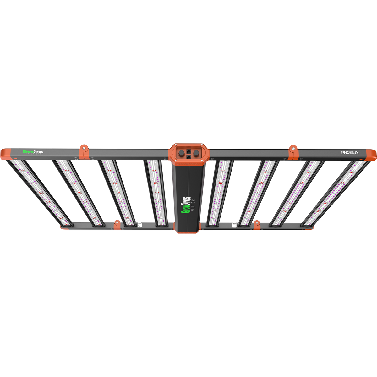 GrowPros Solutions Phoenix dual channel foldable bar LED grow light. Black frame, orange accents, purple diodes.