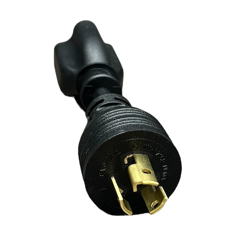 Black NEMA locking plug adapter with gold prongs and ribbed grip, for industrial electrical use.