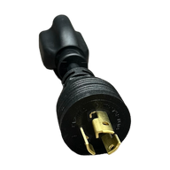 Black NEMA locking plug adapter with gold prongs and ribbed grip, for industrial electrical use.