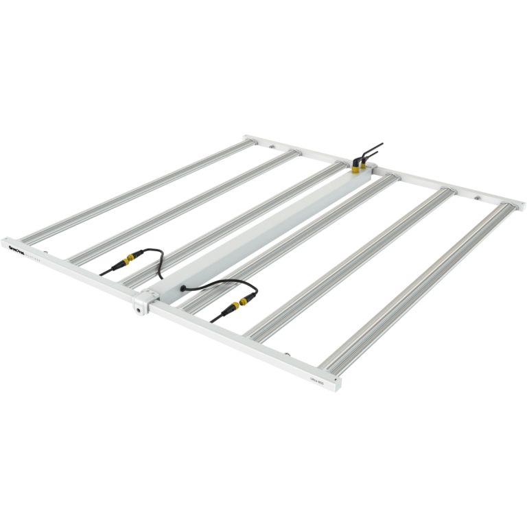 GrowPros Solutions Ultra 800 LED grow light with a white frame, 6 silver bars, and a central driver module.
