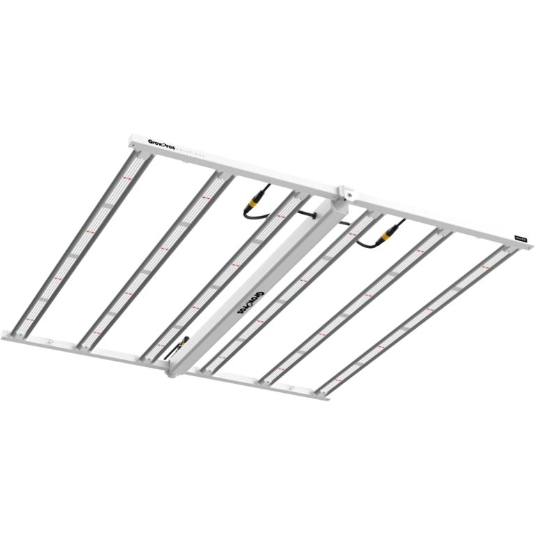 White GrowPros Solutions ULTRA800 LED grow light with 8 parallel light bars, seen from a low angle.