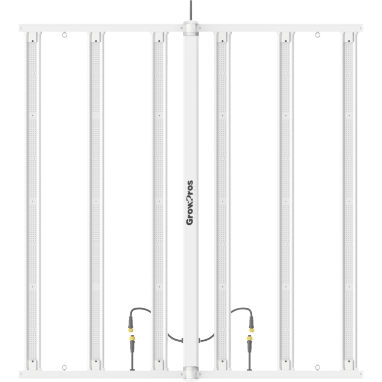 Front view of a white GrowPros ULTRA800 LED grow light with 8 vertical light bars in a square frame.