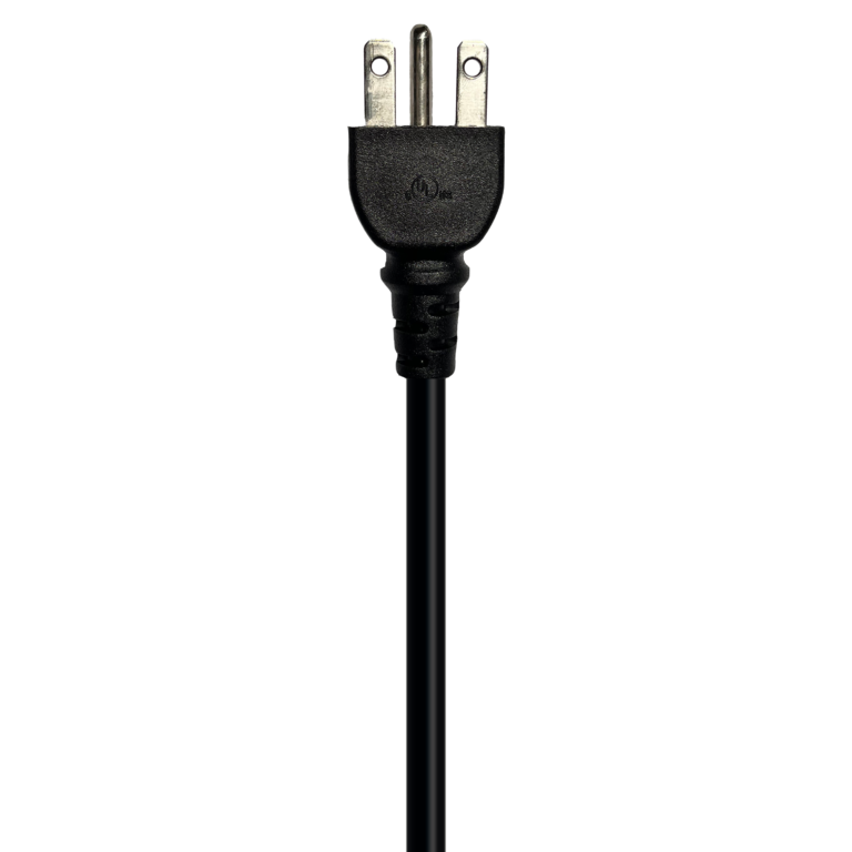 Black power cord with a NEMA 5-15P 3-prong plug showing the UL listed logo, against a white background.