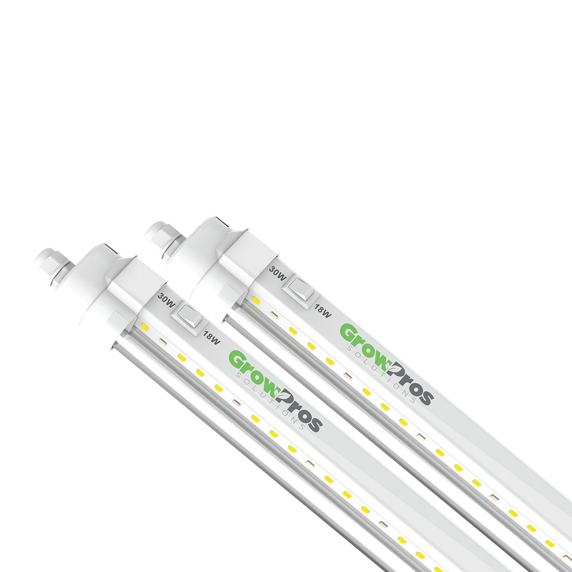 Two 4ft LED grow lights from GrowPros Solutions, featuring 30W and 18W markings.