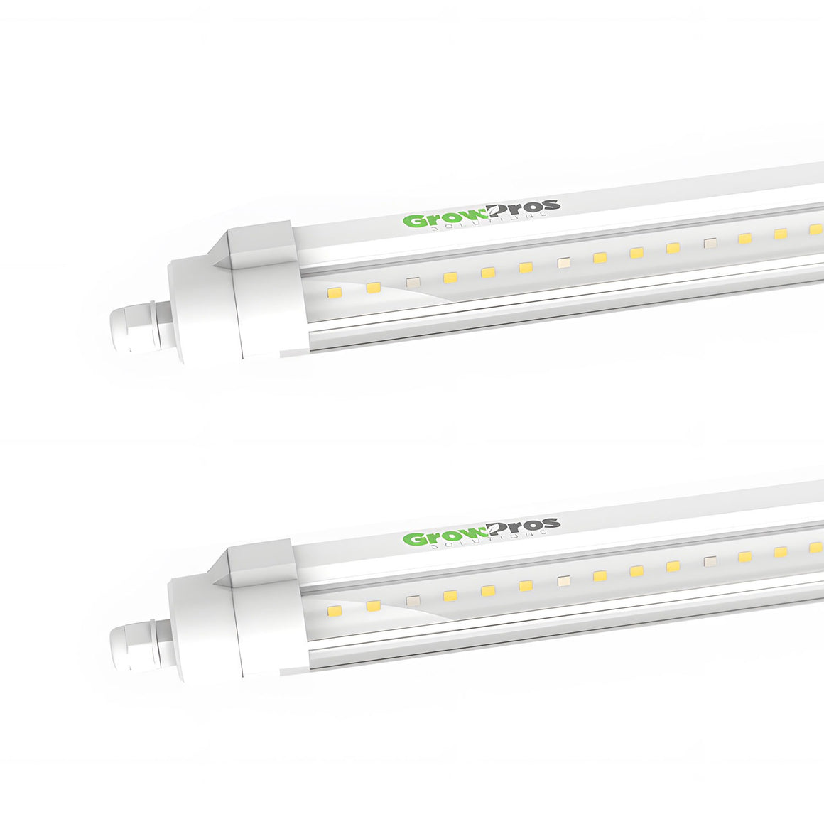 Two white 4-foot GrowPros Solutions LED clone bars with visible yellow LEDs on white background.