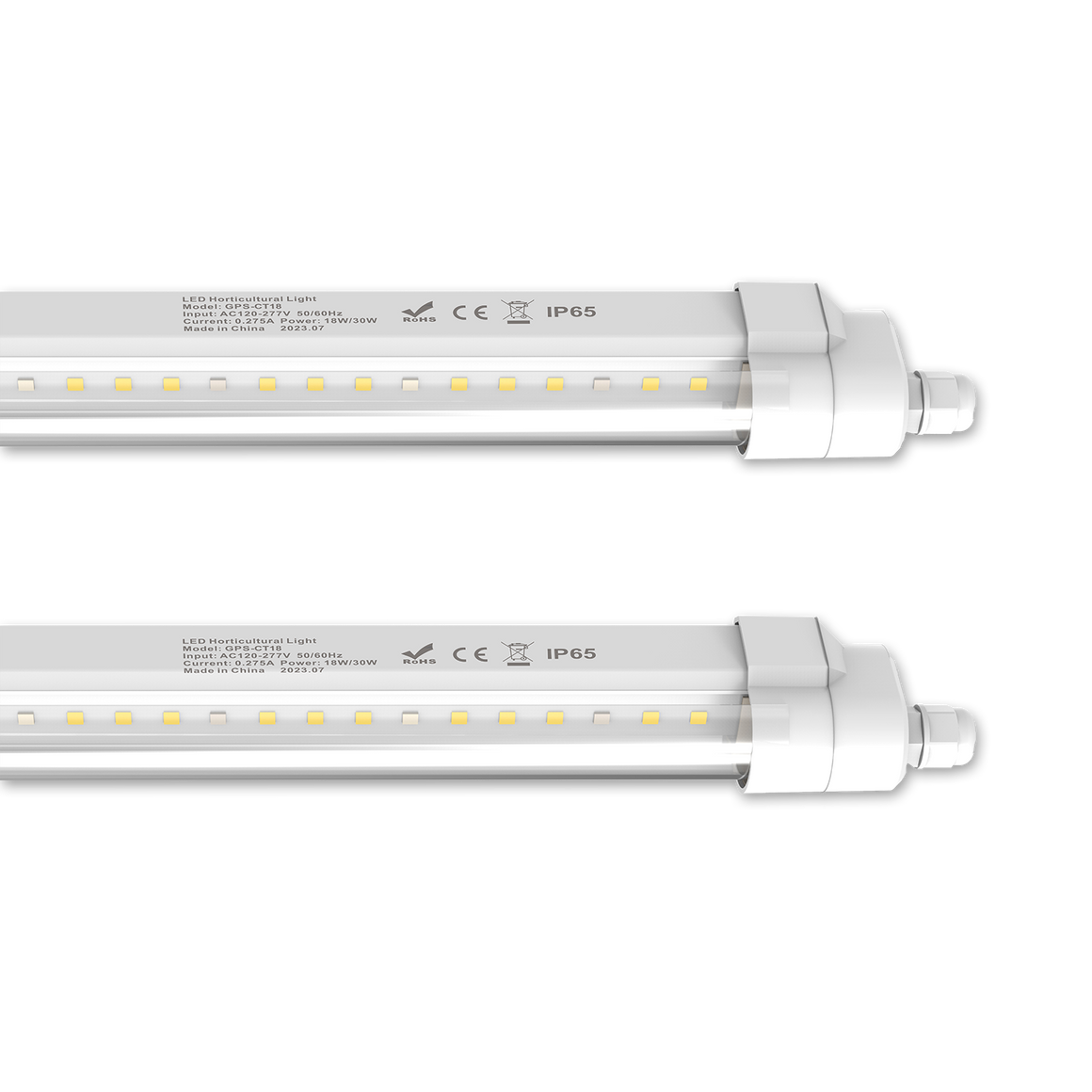 White LED grow light bar with text and IP65 rating, ideal for indoor gardening.