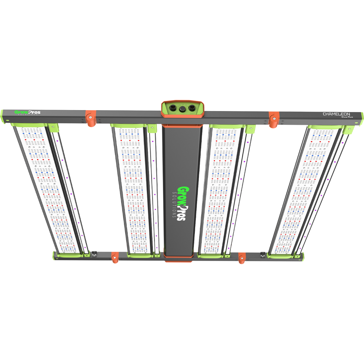 GrowPros Chameleon 4x4 LED grow light with four light bars, green accents, and orange connectors.