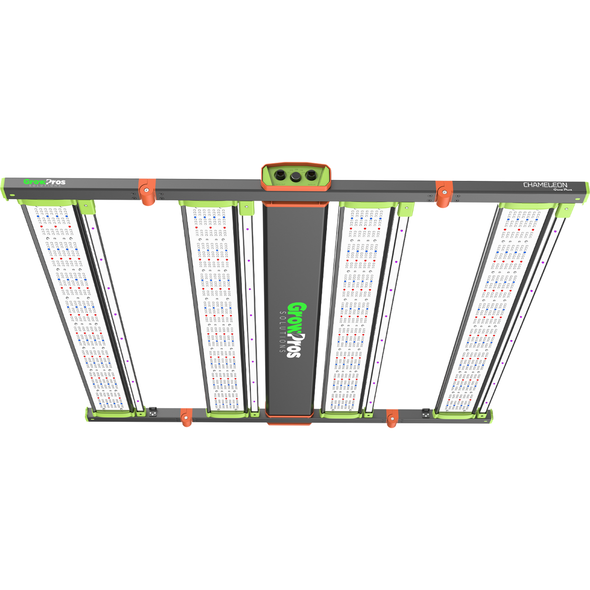 GrowPros Chameleon 4x4 LED grow light with four light bars, green accents, and orange connectors.