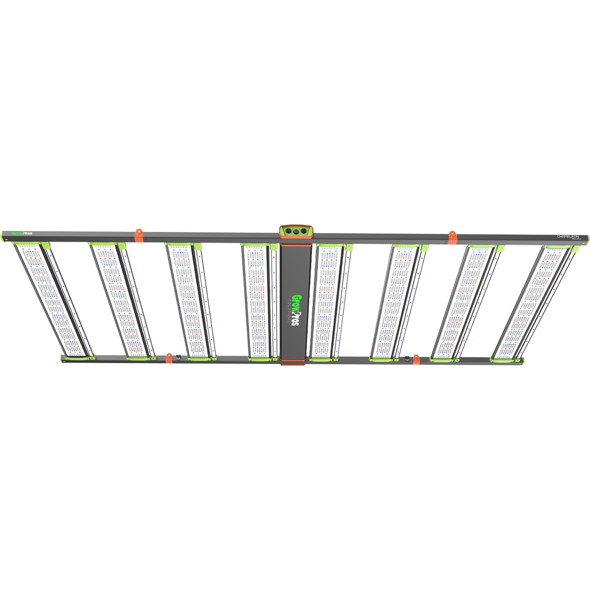 GrowPros Solutions Chameleon 4x8 grow light: multi-bar LED panel with green accents, black frame, and orange hardware.