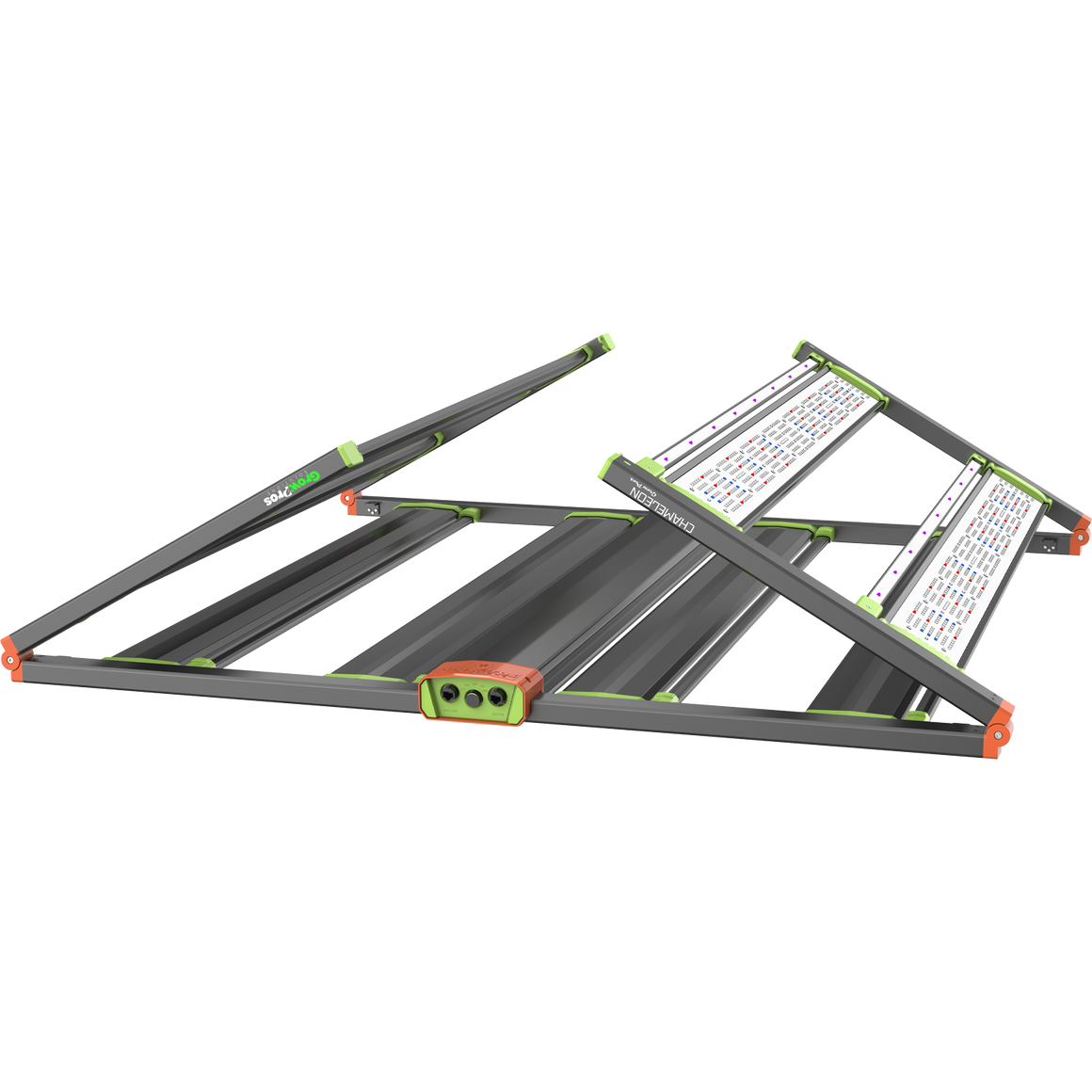 GrowPros Chameleon 4x8 LED grow light with multiple bars and orange/green accents on black background.