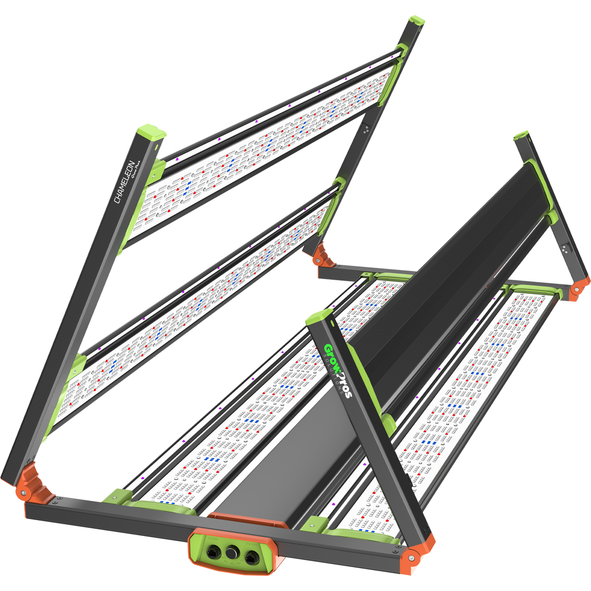 Two black, green, and orange LED grow lights with multiple LEDs.